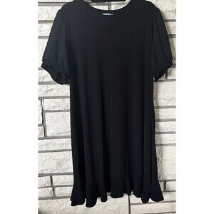 CeCe Shift Dress Clip Dot Sheer Sleeves Black Dress Ruffled Hem Minimalist Sz 2X